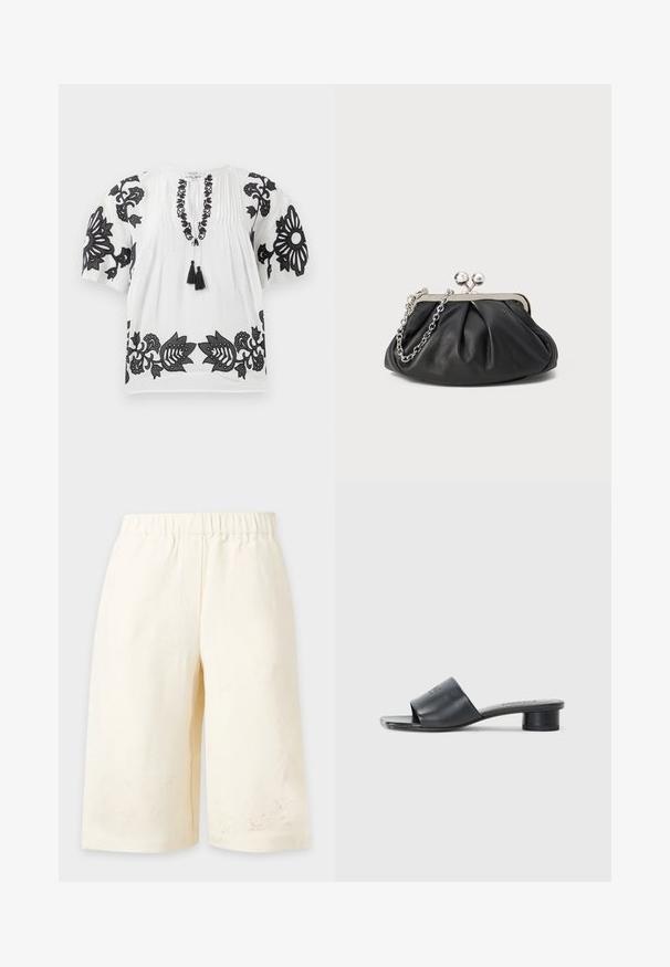 Weiße Bluse mit kurzen Ärmeln und schwarzer floraler Stickerei an den Ärmeln, dem Ausschnitt und dem Saum, mit einer Bindeschnur vorne, die zwei schwarze Quasten hat.; Knielange, cremefarbene Shorts mit elastischem Bund und dezentem Blumenstickerei nahe dem Saum auf einfarbigem Hintergrund.; MM6 Maison Margiela Pantolette hoch - black; Schwarze Leder-Clutch mit geraffter Textur, silberfarbener Metallrahmen, Druckverschluss und Kettenriemen. Glatte, weiche Oberfläche.