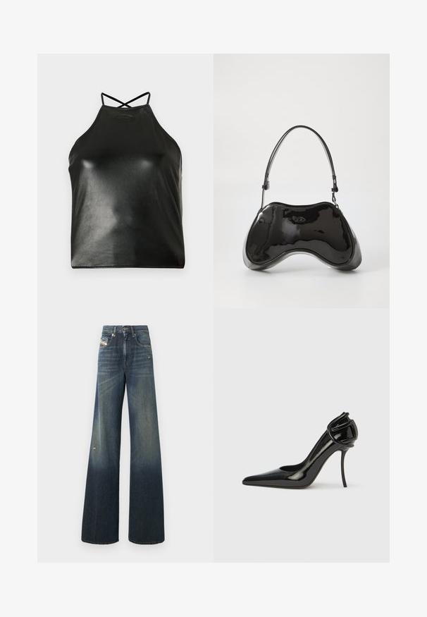 Haut noir à col licou en similicuir brillant. Dispose de bretelles croisées dans le dos et d'un logo discret embossé près de l'encolure.; Jean en denim à jambes larges de couleur bleu foncé avec une finition délavée, présentant un genou usé et un design classique à cinq poches avec une étiquette.; Chaussure à talons hauts en cuir verni noir, avec un bout pointu et un dos ouvert. Dotée d'un accent incurvé unique au niveau du talon. Finition élégante et brillante.; Sac à main en cuir verni noir avec une forme incurvée unique, une anse courte et ajustable, et une fermeture zippée. Texture lisse avec un branding discret.
