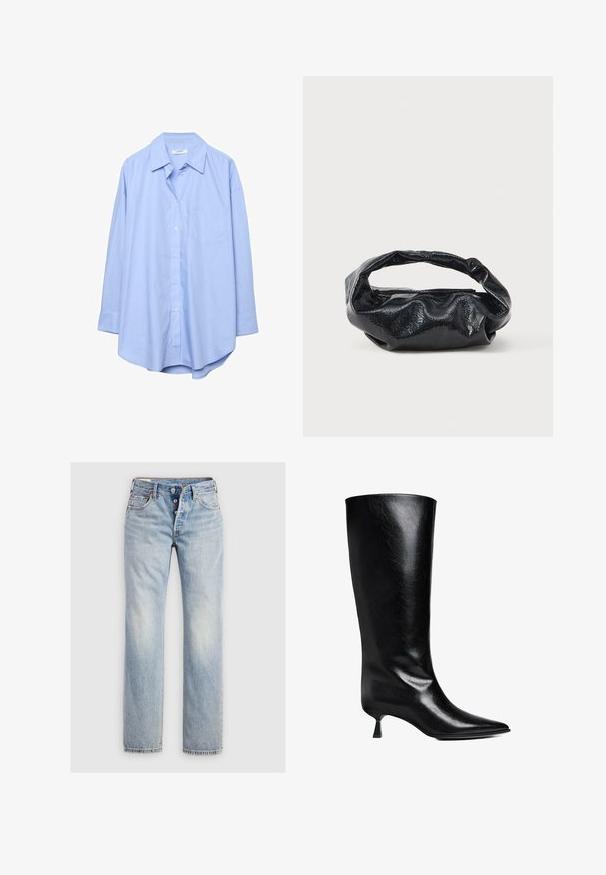 Chemise bleu clair à manches longues avec col pointu et poche poitrine, présentée sur un fond blanc.; Jeans en denim bleu clair avec une coupe droite, une fermeture à cinq boutons et des poches arrière avec un subtil détail de couture.; Boot en cuir noir, montant jusqu'au genou, avec un bout pointu, une silhouette élancée et un talon carré bas, le tout avec une finition brillante.; Sac noir en matériau texturé et brillant avec une poignée circulaire torsadée et une fermeture éclair. Présente un design doux et froissé.