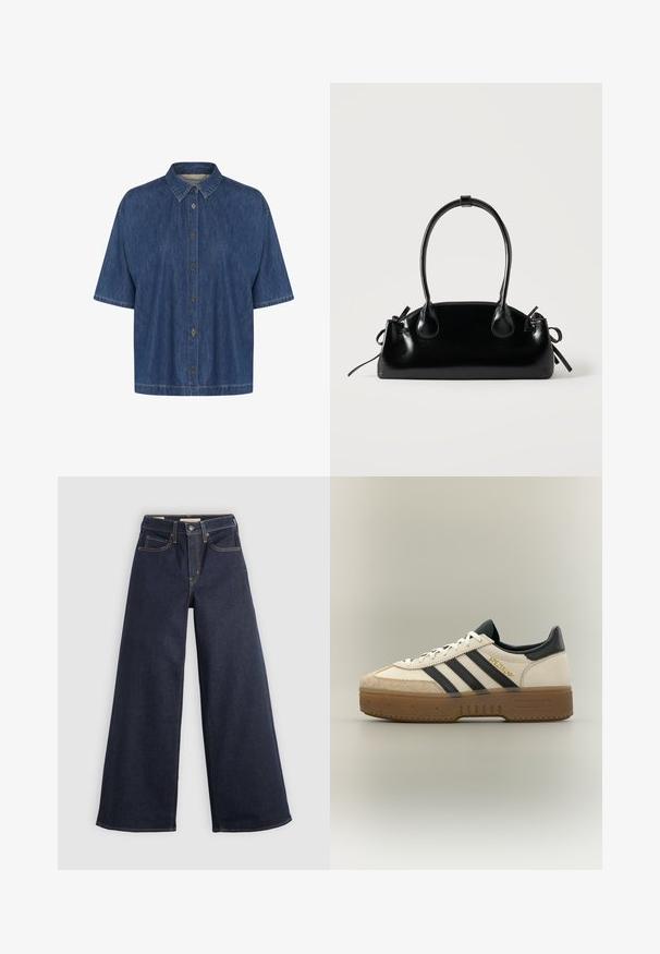 Donkerblauwe spijkerblouse met korte mouwen, voorzien van een puntige kraag en een sluiting met knopen aan de voorkant; zachte textuur met zichtbare stikdetails.; Wijde denim jeans in donkerblauw met contrasterende stiksels. Bevat een traditionele vijf-pocketontwerp en een knoopsluiting in de taille.; Witte Adidas sneaker met zwarte strepen, beige suède neus, bruine zool en "SPEZIAL" in gouden letters aan de zijkant.; Kleine zwarte glanzende handtas met twee lange hengsels en zijkant trekkoord details op een effen lichte achtergrond.
