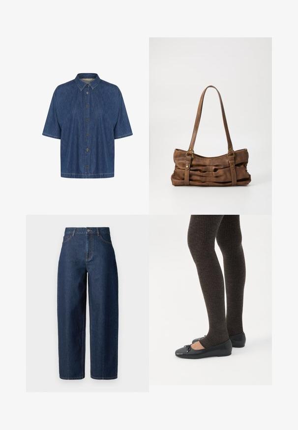 Donkerblauwe spijkerblouse met korte mouwen, voorzien van een puntige kraag en een sluiting met knopen aan de voorkant; zachte textuur met zichtbare stikdetails.; Donkerblauwe hoge taille rechte spijkerbroek met knoopsluiting, riemlussen en voor- en achterzakken op een witte achtergrond.; Benen met donkere geribbelde leggings gecombineerd met zwarte ballerina's met kleine strikdetails op een witte achtergrond.; Even&Odd by Zalando Handtas - brown