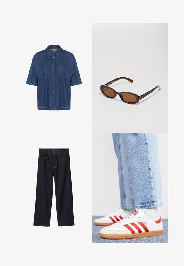 Camisa de denim de manga corta en azul oscuro, con cuello puntiagudo y cierre frontal con botones; textura suave con detalles de costura visibles.; Vaqueros de pierna ancha en índigo oscuro con cierre frontal de botón y cremallera, trabillas para cinturón y bolsillos delanteros, mostrados sobre un fondo blanco.; Zapatillas de cuero blancas con rayas y detalles rojos. Cuentan con una suela de goma texturizada y un collar acolchado. Llevadas con denim azul claro.; Gafas de sol redondas con tinte marrón y un marco burdeos brillante. Patillas delgadas con un sutil detalle de marca. Diseño de lentes planos.