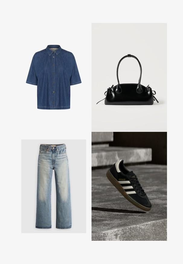 Kurzarm-Jeanshemd in Dunkelblau, mit spitzem Kragen und durchgehender Knopfleiste; weicher Stoff mit sichtbaren Nähten.; Blaue Denim-Jeans mit weitem Bein, leichter Waschung, hoher Taille, fünf Taschen-Design und Messingbeschlägen. Ausgewaschene Akzente an der Vorder- und Rückseite.; Schwarzer Adidas-Sneaker mit weißen Streifen und Gummisohle schwebt über grauen Betonstufen im natürlichen Licht.; Kleine schwarze glänzende Handtasche mit zwei langen Griffen und seitlichen Kordelzug-Details vor einfachem hellem Hintergrund.