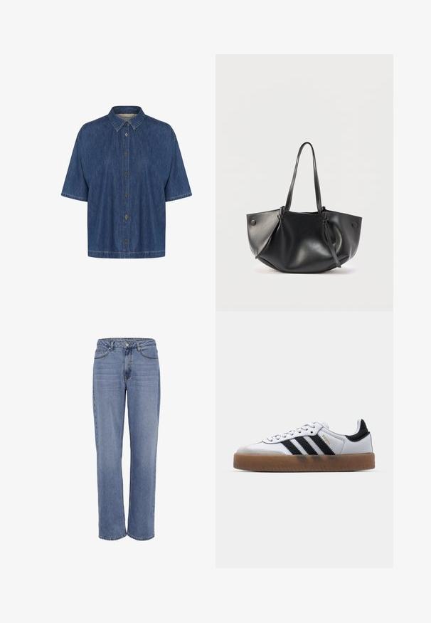 Camisa de denim de manga corta en azul oscuro, con cuello puntiagudo y cierre frontal con botones; textura suave con detalles de costura visibles.; Jeans azules de mezclilla con pierna recta, bolsillos delanteros, trabillas para cinturón, cierre con botón y detalles sutiles descoloridos en los muslos.; Zapatillas de cuero blancas con rayas negras, suela de goma, puntera redonda, cierre de cordones y caperuza de ante gris suave.; Bolso de hombro de cuero negro con dos asas largas, una forma suave y redondeada, y detalles de botones en cada lado.