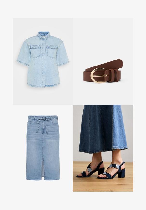 Lys blå denimskjorte med korte ærmer, der har to forlommer og er pyntet med små sølvnitter overalt.; Lyseblå denimnederdel med slid foran, snoretræk i taljen og fem lommer. Den har en knælang længde og klassiske syninger.; Marco Tozzi Sandaler - navy; Brun læderbælte med en skinnende guldspænde og to lædersløjfer. Glat tekstur, flad design og afrundede ender.