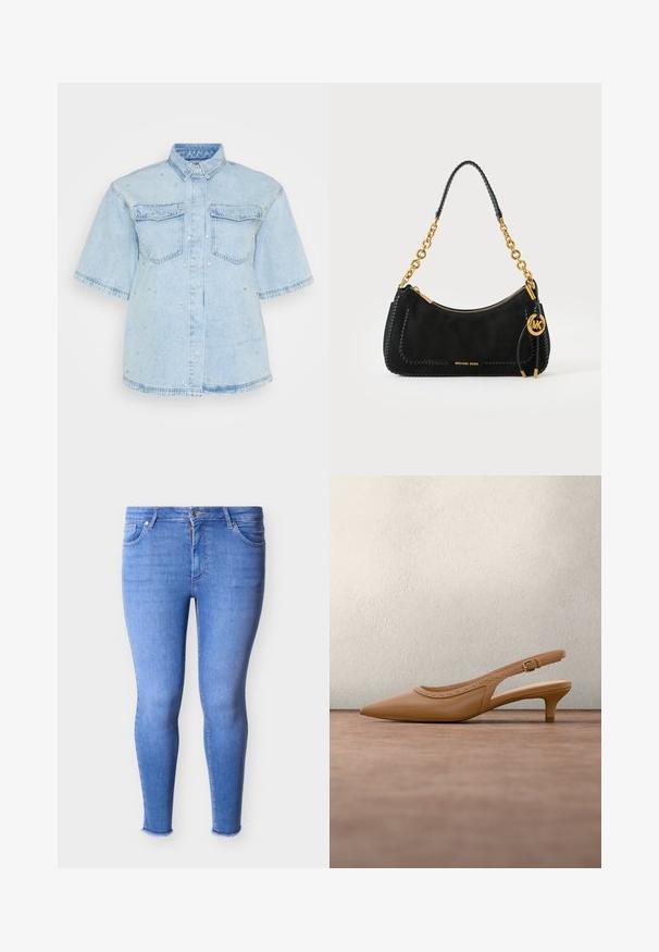 Lys blå denimskjorte med korte ærmer, der har to forlommer og er pyntet med små sølvnitter overalt.; Lyseblå højttaljerede skinny jeans med lynlås foran, knaplukning, fem lommer og frynsekanter.; Nøgen, spids slingback-sko med lav hæl, der har nittede detaljer på siden og glat lædertekstur.; Sort Michael Kors håndtaske med guldkæde, lynlåslukning og rundt gyldent MK-logo vedhæng på hvid baggrund.
