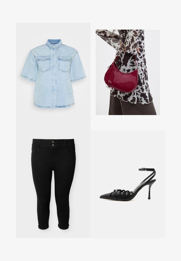 Helles Blues Denimhemd mit kurzen Ärmeln, ausgestattet mit zwei Fronttaschen und verziert mit kleinen silbernen Nieten entlang des gesamten Hemdes.; Schwarze, kurz geschnittene Skinny-Jeans mit doppeltem Knopf- und Reißverschluss, vorne und hinten Taschen, auf weißem Hintergrund präsentiert.; Schwarzer, spitzer High-Heel-Schuh mit geschwungenen Kanten, Metallösen, Schnürung vorne und Knöchelriemen mit Schnallverschluss.; Frau trägt eine schwarz-weiß gemusterte Bluse und hält eine glänzende rote Schultertasche vor einem einfarbigen Hintergrund.