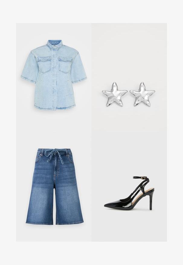 Helles Blues Denimhemd mit kurzen Ärmeln, ausgestattet mit zwei Fronttaschen und verziert mit kleinen silbernen Nieten entlang des gesamten Hemdes.; High-Waist Denim-Shorts mit Paperbag-Taille, vorderen Taschen und einem passenden Stoffgürtel, der vorne zu einer Schleife gebunden ist.; Schwarze Patentleder-High-Heel-Slingback-Pumps mit spitzem Zeh, verstellbarem Knöchelriemen und offenen Seiten. Glatte Textur.; Silberne sternförmige Ohrringe mit einer polierten, glänzenden Oberfläche. Jeder Ohrring hat fünf Spitzen und dezente Oberflächentexturdetails.