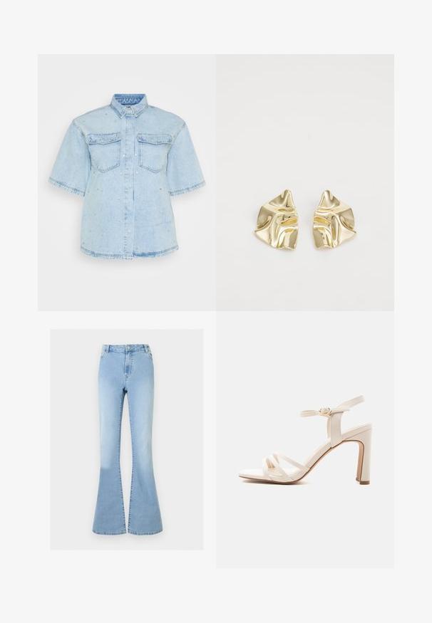 Lys blå denimskjorte med korte ærmer, der har to forlommer og er pyntet med små sølvnitter overalt.; Lyseblå højtaljede cowboybukser med vide ben, knap- og lynlåslukning foran samt klassisk design med fem lommer.; Beige højhælet sandal med tre tynde frontstropper, ankelrem med guldlås og blokkthæl på hvid baggrund.; Guldmetalløreringe med et bølget design; glat, reflekterende overflade; asymmetrisk form; ingen synlige mønstre eller hardware.