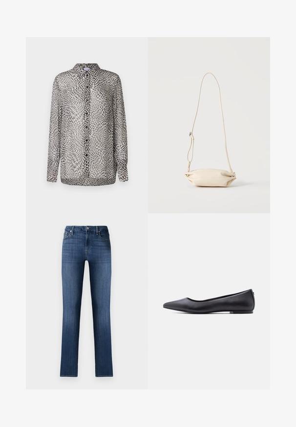 Gennemsigtig sort og hvid bluse med knaplukning fortil, lange ærmer og et abstrakt mønster med forskellige teksturer.; Mørkeblå denimjeans med lige pasform, klassisk fem-lomme design, frontknaplukning og subtilt slid, der giver en brugt effekt.; Sort flad lædersko med spidst tåparti og lav hæl, vist i sideprofil mod en hvid baggrund.; Lille beige læder crossbody taske med justerbar rem, vist mod en ensfarvet lys baggrund.