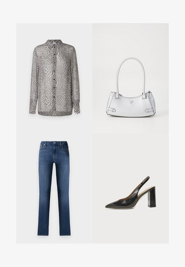 Transparante zwart-witte blouse met knoopsluiting aan de voorkant, lange mouwen en een abstract patroon met variërende texturen.; Donkerblauwe denim jeans met een rechte pasvorm, een klassieke vijf-pocket ontwerp, sluiting met een knoop aan de voorkant en subtiele vervaging voor een versleten effect.; Zwarte leren slingback schoen met spits toelopend neusje, hoge blokhak en beige binnenvoering tegen een effen lichte achtergrond.; Zilveren handtas met een gestructureerd ontwerp, voorzien van twee handvatten, een glanzende textuur, opvallende hardware en een driehoekig logo aan de voorkant.