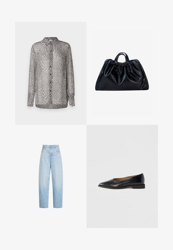 Gennemsigtig sort og hvid bluse med knaplukning fortil, lange ærmer og et abstrakt mønster med forskellige teksturer.; Lyseblå jeans med højtaljede og lige ben, med forlommer, bælteløkker og knaplukning.; Sort læder flad sko med spids tå og lav firkantet hæl. Glat tekstur, minimalistisk design og uden synlige beslag eller mønstre.; Sort lædertaske med rynket top, korte dobbelthåndtag og snørebåndslukning foran i midten mod en hvid baggrund.