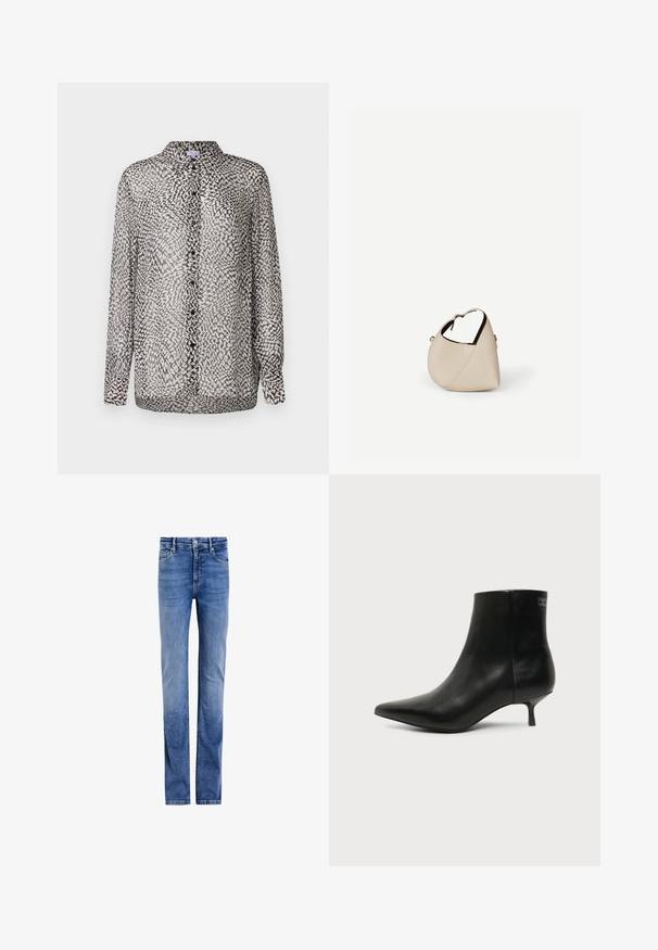 Gennemsigtig sort og hvid bluse med knaplukning fortil, lange ærmer og et abstrakt mønster med forskellige teksturer.; Lyseblå denimjeans med lige ben, fem lommer og klassisk knaplukning foran. Bleg vask med subtile slidte effekter.; Sort læder ankelstøvle med spids tå og lav kitten hæl på lys baggrund, der viser yderside.; Beige læder håndtaske i halvmåneform med en enkelt skulderrem og minimal syning, sat mod en ensartet hvid baggrund.