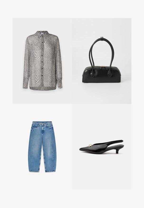 Gennemsigtig sort og hvid bluse med knaplukning fortil, lange ærmer og et abstrakt mønster med forskellige teksturer.; Lyseblå denimjeans med høj talje, vide ben og fem lommer. Har kontrastsyning og en lille metalknaplukning.; Sort laklæderslingback med lille hæl, spids tå og en lille rund guldbesætning på toppen.; Sort læder håndtaske med to langstrakte håndtag, lynlåslukning og afrundet form; glat tekstur med en subtil blank finish.