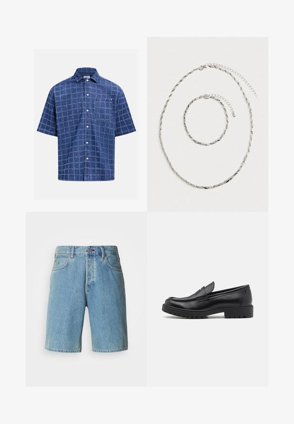 Chemise à manches courtes, à carreaux bleus, à boutonner avec col et poche poitrine, présentée sur un fond uni.; Shorts en denim bleu clair, présentant un motif à rayures verticales, cinq poches et une fermeture à bouton avec une quincaillerie en métal.; Mocassins en cuir noir avec un bout arrondi, un design à enfiler et une semelle en caoutchouc épaisse avec une texture antidérapante. Talon surélevé et détails de surpiqûre subtils.; Collier en chaîne torsadée argentée et bracelet assorti avec fermoirs ajustables, posés à plat sur un fond blanc.