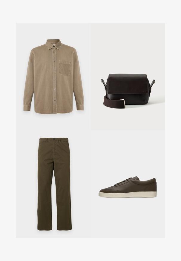 CLOSED FORMAL ARMY SHIRT - Chemise - rock beige; Pantalons en coton marron pour hommes, coupe droite, avec passants de ceinture, bouton frontal et fermeture éclair sur fond clair.; Baskets basses en cuir marron foncé avec lacets sur le devant et semelle en caoutchouc couleur crème, vues de côté extérieur sur fond blanc.; Sac bandoulière en cuir marron foncé avec fermeture à rabat et sangle en tissu réglable sur fond blanc.