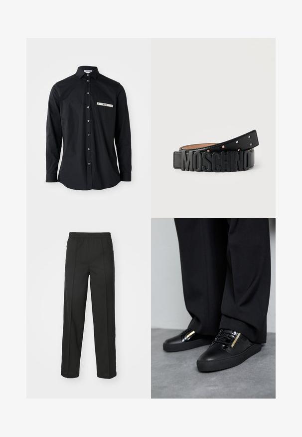 Camisa negra de manga larga con botones y cuello, con un detalle de bolsillo con banda plateada. Tela suave, ajuste clásico y cierre de botones.; Pantalones negros de tejido elástico, con corte recto, bolsillos con cremallera lateral y una textura suave sin patrones visibles.; Zapatillas de cuero negro con detalles brillantes, cordones texturizados y un detalle de cremallera; combinadas con pantalones oscuros y holgados sobre un suelo gris.; Cinturón de cuero negro con grandes letras negras que deletrean "MOSCHINO" como hebilla, exhibido enrollado sobre un fondo gris.