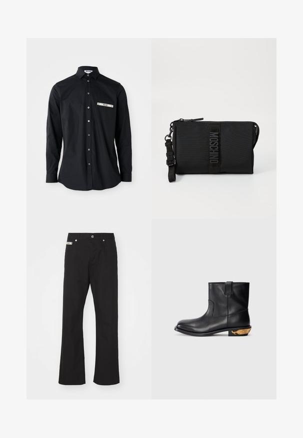 Camisa negra de manga larga con botones y cuello, con un detalle de bolsillo con banda plateada. Tela suave, ajuste clásico y cierre de botones.; Pantalones de algodón negros con un diseño de pierna recta, que presentan un cierre frontal con botón, dos bolsillos laterales y una pequeña etiqueta de la marca en la cintura.; Botín negro de piel con superficie lisa, punta redondeada y un motivo de ballena acentuado en oro en el tacón. Diseño minimalista.; Bolso de mano negro de nailon con un parche de logo texturizado, cierre de cremallera y una correa ajustable. Forma rectangular compacta.