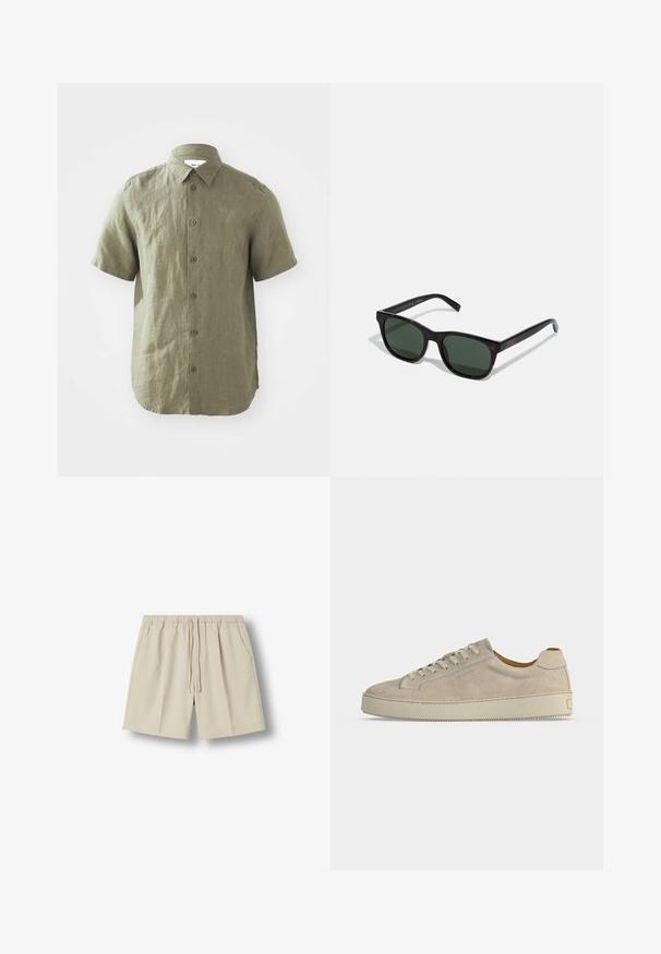 Chemise à manches courtes vert olive en tissu texturé, dotée d'une fermeture à boutons sur le devant et d'un col, avec des coutures visibles et un ourlet arrondi.; Short beige décontracté avec taille élastique et cordon, face avant avec poches latérales, posé à plat sur fond blanc.; Baskets basses beiges en daim avec fermeture lacée et semelle épaisse en caoutchouc, vues de profil sur fond blanc uni.; Lunettes de soleil en écaille de tortue avec des verres verts et des montures rectangulaires. Dotées d'un logo doré sur les branches. Texture mate et design robuste.