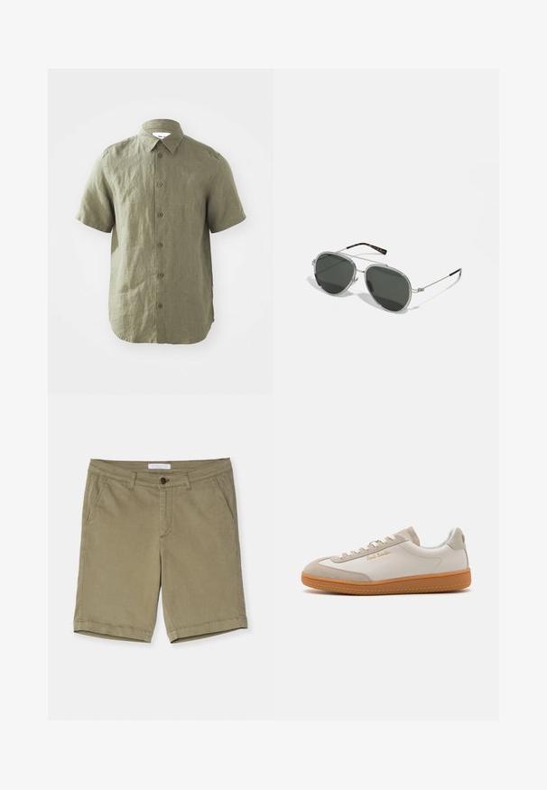 Chemise à manches courtes vert olive en tissu texturé, dotée d'une fermeture à boutons sur le devant et d'un col, avec des coutures visibles et un ourlet arrondi.; Shorts kaki en mélange de coton, avec une fermeture à bouton, des passants de ceinture, deux poches avant et un ourlet net. Texture douce, design décontracté.; Baskets basses blanches et beiges avec semelle en caoutchouc, lacets blancs, détails en daim et logo doré "Paul Smith" sur le côté.; Une paire de lunettes de soleil aviateur en métal argenté avec des verres vert foncé, dotées de branches fines avec des accents écaille de tortue et d'une forme ronde.