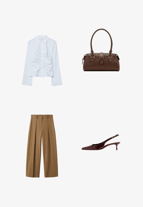 Chemise blanche à manches longues avec boutons, col pointu et détail froncé plissé au centre avant.; Pantalon marron taille haute à jambes larges avec fines rayures, plis sur le devant, passants pour ceinture et fermeture éclair dissimulée sur le devant.; Chaussure slingback à petit talon en cuir verni marron foncé avec bout pointu et bride réglable à boucle.; Sac à main en cuir marron avec deux poignées, une sangle centrale à boucle et des ferrures dorées, présenté sur fond blanc.