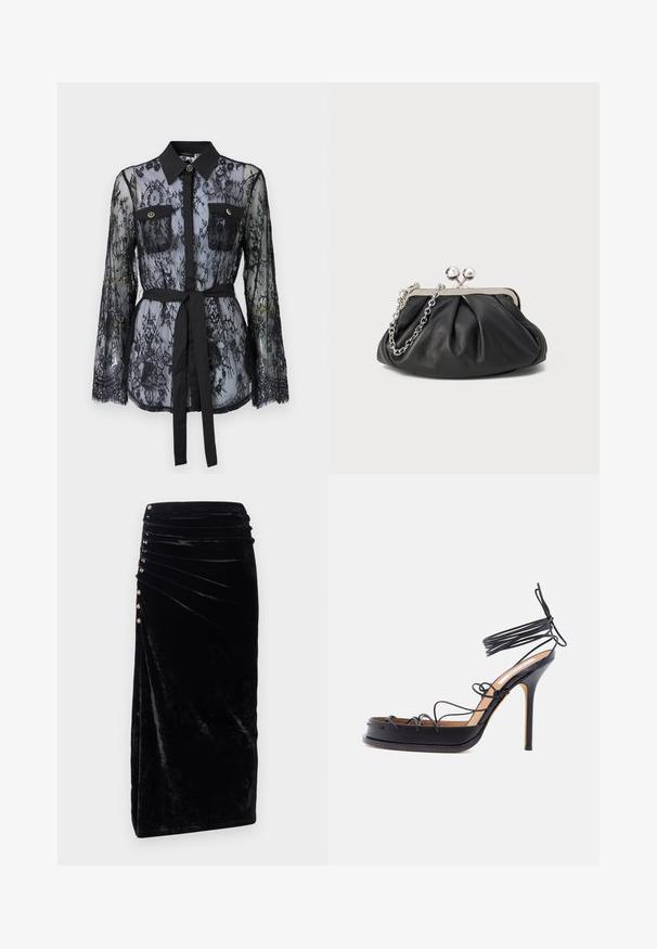 Zwarte kanten blouse met lange mouwen, knoopzakken op de borst, een klassieke kraag en een stoffen riem die op de taille is gestrikt. Doorzichtige uitstraling.; Rabanne Kokerrok - black; Zwarte sandaal met hoge hak met dunne leren banden die om de voet en enkel gewikkeld zijn, met een spits toefhak.; Zwarte leren clutch met geplooide textuur, zilverkleurig metalen frame, drukknopsluiting en kettingriem. Glad, zacht oppervlak.