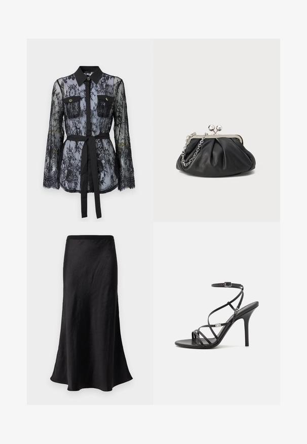 Zwarte kanten blouse met lange mouwen, knoopzakken op de borst, een klassieke kraag en een stoffen riem die op de taille is gestrikt. Doorzichtige uitstraling.; Zwarte, lange rok van gladde stof; heeft een aansluitende taille en een uitlopende zoom met een lichte glans en een bewegingsversterkende val.; Zwarte hoge hakken sandaal met dunne banden, een enkelgesp, een gladleren oppervlak en een slanke stilettohak.; Zwarte leren clutch met geplooide textuur, zilverkleurig metalen frame, drukknopsluiting en kettingriem. Glad, zacht oppervlak.