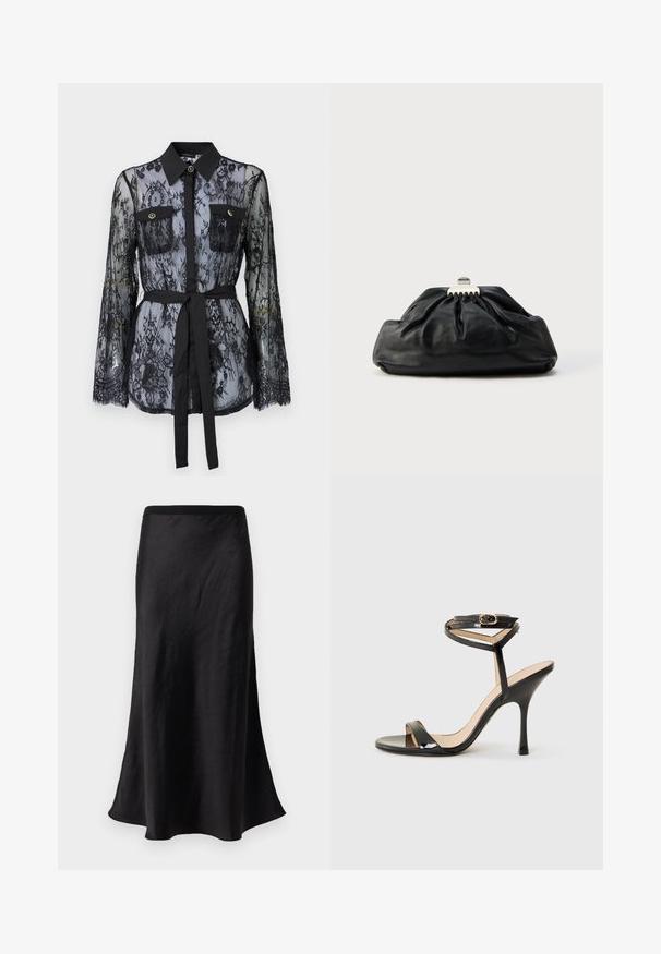 Schwarze Spitzenbluse mit langen Ärmeln, knöpfbaren Brusttaschen, klassischem Kragen und einem Stoffgürtel, der an der Taille gebunden ist. Transparenter Design.; Schwarzer, bodenlanger Rock aus glattem Stoff; hat einen taillierten Bund und einen ausgestellten Saum mit leichtem Glanz und bewegungsförderndem Fall.; Schwarze Lackleder-Sandaletten mit hohen Absätzen, dünnem Knöchelriemen und Schnalle, offener Zehenpartie und schlankem Stiletto-Absatz auf weißem Hintergrund.; Schwarze Leder-Clutch mit geraffter Textur, Metallverschluss und dezentem, auf der Vorderseite geprägtem Logo. Abgerundete Form.
