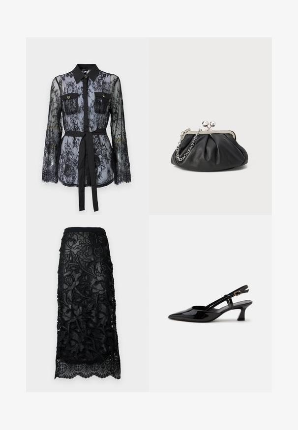 Zwarte kanten blouse met lange mouwen, knoopzakken op de borst, een klassieke kraag en een stoffen riem die op de taille is gestrikt. Doorzichtige uitstraling.; Zwarte kant rok met ingewikkelde bloemenborduursel, een getailleerde tailleband en een gegolfde zoom. Transparante overlay met textuurdetails.; Zwarte lakleren slingback kitten heel schoen met spitse neus en verstelbare gouden gespsluiting op een witte achtergrond.; Zwarte leren clutch met geplooide textuur, zilverkleurig metalen frame, drukknopsluiting en kettingriem. Glad, zacht oppervlak.