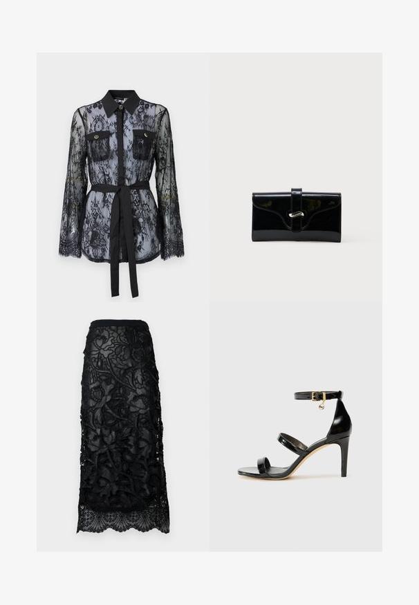 Schwarze Spitzenbluse mit langen Ärmeln, knöpfbaren Brusttaschen, klassischem Kragen und einem Stoffgürtel, der an der Taille gebunden ist. Transparenter Design.; Schwarzer Spitzenrock mit aufwendiger Blumenstickerei, einem enganliegenden Bund und einem gewellten Saum. Transparente Overlay mit strukturierten Details.; Schwarze Lackleder-Sandale mit drei Riemen, Knöchelriemen und 10 cm hohen Stiletto-Absatz. Verfügt über goldfarbene Hardware-Details und ein Logo-Charm.; Schwarze glänzende rechteckige Brieftasche mit einem vorderen Riemen und silberner Metallverschluss, vor einem schlichten weißen Hintergrund.