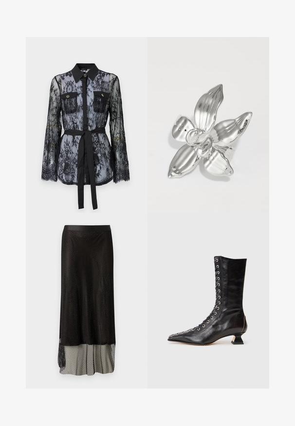 Zwarte kanten blouse met lange mouwen, knoopzakken op de borst, een klassieke kraag en een stoffen riem die op de taille is gestrikt. Doorzichtige uitstraling.; Zwarte mesh midi-rok met een aansluitende tailleband, open diamanten patroon en een flowy voering aan de onderkant voor extra beweging en textuur.; Zwarte leren enkelboot met spitse neus, voorlacing, metalen oogjes, lage blokhak en een strakke uitstraling. Gladde textuur, moderne silhouette.; Zilveren orchidee broche met vier getextureerde bloemblaadjes, een centrale ronde detail, een gladde oppervlakte, glanzende afwerking en subtiele groeven op de bloemblaadjes.