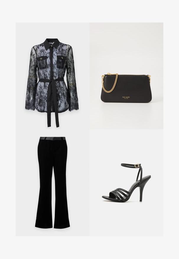 Schwarze Spitzenbluse mit langen Ärmeln, knöpfbaren Brusttaschen, klassischem Kragen und einem Stoffgürtel, der an der Taille gebunden ist. Transparenter Design.; Schwarze, weit gestellte Hosen aus einem glatten Stoff. Mit einem flachen Bund mit glänzender Oberfläche. Maßgeschneiderter Schnitt mit zwei vorderen Taschen.; Schwarze, sandalenähnliche Hochzeitschuhe mit schmalem Knöchellenker, offener Zehenpartie und glatter Oberfläche. Verfügt über einen schlanken Absatz und ein strukturiertes Riemendesign.; Schwarze Leder-Clutch mit einer goldenen Kettenriemen. Verfügt über einen Reißverschluss und den eingeprägten Markennamen in Gold auf der Vorderseite. Glatte Textur, rechteckige Form.