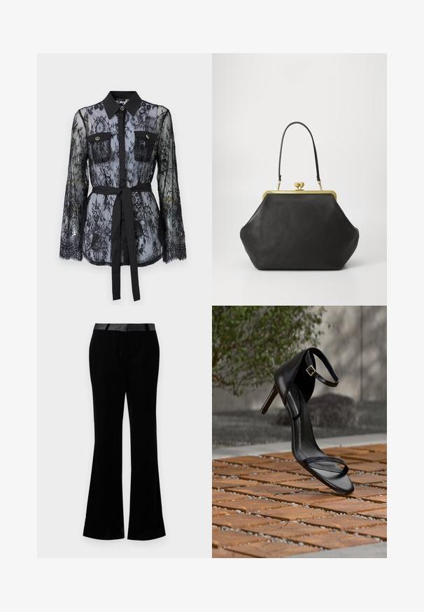 Blusa de encaje negro con mangas largas, bolsillos en el pecho con botón, cuello clásico y un cinturón de tela atado a la cintura. Diseño transparente.; Pantalones acampanados negros de tela suave. Presentan una cinturilla plana con un acabado brillante. Diseño ajustado con dos bolsillos frontales.; Sandalia negra de tacón alto con correa en el tobillo, parece suspendida sobre un suelo de baldosas de madera al aire libre, con un fondo difuminado de vegetación y piedra.; COACH Bolso de mano - black