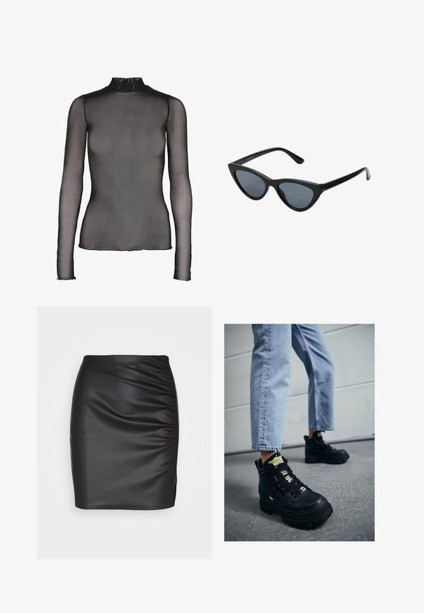 Top negro de manga larga hecho de tela transparente con cuello alto. Presenta un diseño ajustado y sutiles detalles en el dobladillo de los puños y el borde inferior.; Falda ajustada de poliéster negro con textura gathered en un lado y una pequeña abertura en el dobladillo, que crea una silueta elegante.; Zapatillas altas negras con suela gruesa, con diseño de cordones, acentos de logo y etiquetas amarillas. Combinadas con unos vaqueros cortos de color azul claro.; Gafas de sol negras en forma de ojo de gato con lentes gris oscuro, marco de plástico elegante, esquinas puntiagudas y patillas rectas. Sin herrajes ni acentos visibles.