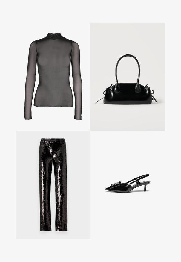 Top negro de manga larga hecho de tela transparente con cuello alto. Presenta un diseño ajustado y sutiles detalles en el dobladillo de los puños y el borde inferior.; Pantalones de lentejuelas negros con un diseño de pierna recta, que presentan una textura brillante y una superficie centelleante que refleja la luz. Sin cierres visibles.; Zapatos de tacón slingback de charol negro con punta afilada, detalle de lazo en el frente y un pequeño tacón de aguja. Las correas tienen hebillas ajustables.; Pequeño bolso negro brillante con dos asas largas y detalles de cordón lateral sobre un fondo claro liso.