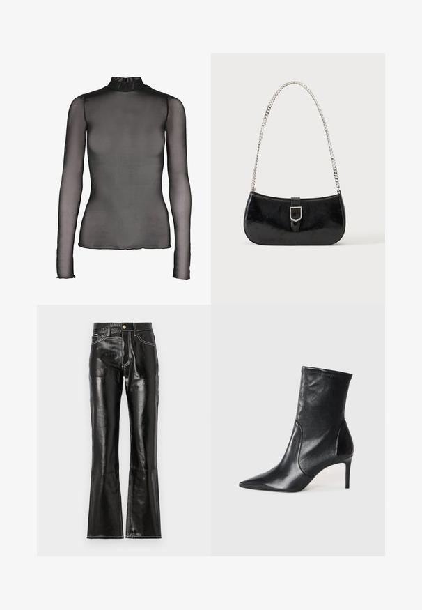 Top negro de manga larga hecho de tela transparente con cuello alto. Presenta un diseño ajustado y sutiles detalles en el dobladillo de los puños y el borde inferior.; Pantalones negros de tiro alto y acampanados, hechos de un material brillante con costuras en blanco contrastantes y cremallera frontal. Incluye dos bolsillos delanteros.; Botas negras hasta el tobillo hechas de cuero suave, con punta afilada, caña ajustada y tacón alto delgado. Diseño minimalista sin herrajes visibles.; Bolso de hombro de charol negro con detalle de hebilla plateada y correa de cadena plateada, presentado sobre un fondo liso y claro.