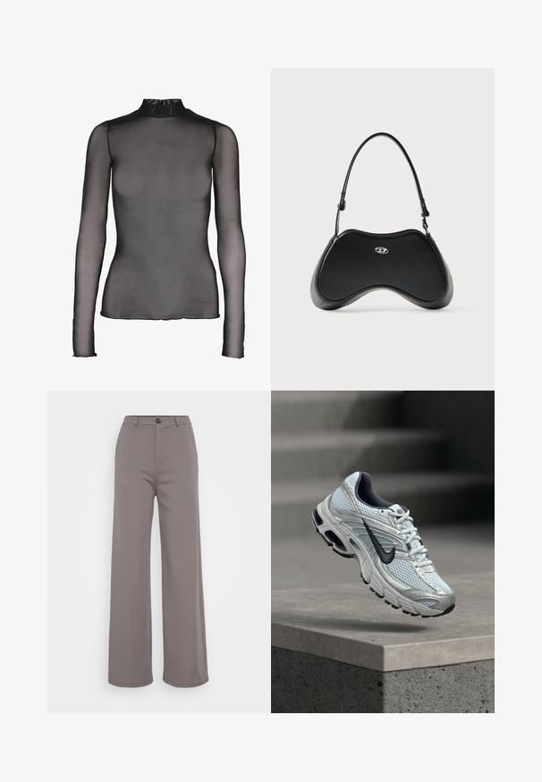 Top negro de manga larga hecho de tela transparente con cuello alto. Presenta un diseño ajustado y sutiles detalles en el dobladillo de los puños y el borde inferior.; Pantalones de pierna ancha en una suave tela gris. Cierre de botón y costuras limpias. Textura suave sin patrones visibles ni adornos.; Zapatilla de correr Nike blanca y gris con logo negro flotando sobre un borde de cemento contra un fondo gris desenfocado.; Bolso de mano de cuero sintético negro con una forma curva única, asa corta y un detalle de logo plateado en el frente. Textura suave, diseño minimalista.
