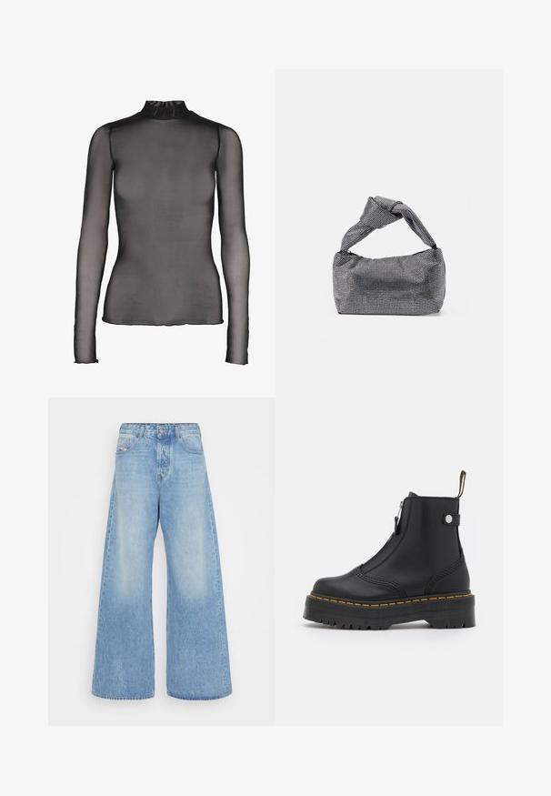 Top negro de manga larga hecho de tela transparente con cuello alto. Presenta un diseño ajustado y sutiles detalles en el dobladillo de los puños y el borde inferior.; Jeans de pierna ancha de color azul claro, fabricados en denim. Cuentan con un diseño clásico de cinco bolsillos, cierre de botón y zonas desgastadas para un aspecto vintage.; Botín negro de cuero suave, con cremallera lateral, costuras amarillas y suela de goma gruesa y estriada.; Bolso de mano negro y plateado con una superficie texturizada que presenta un patrón de diamante, un asa anudada y una forma estructurada.