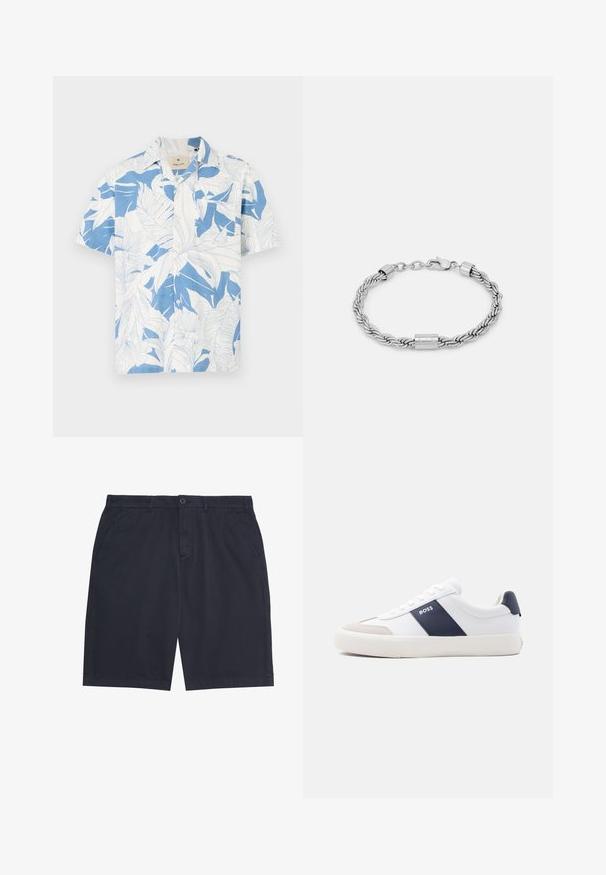 Korte mouw shirt met een wit en blauw tropisch bladpatroon, gemaakt van lichtgewicht stof. Heeft een klassieke kraag en een knoopsluiting aan de voorkant.; Donkerblauwe heren casual korte broek met knoopsluiting, riemlussen en zijzakken, plat gelegd op een witte achtergrond.; Witte lage sneaker met marineblauwe zijstreep, "BOSS"-logo, beige neuskap en witte zool, in profiel weergegeven tegen een lichte achtergrond.; Armani Exchange Armband - silver-coloured