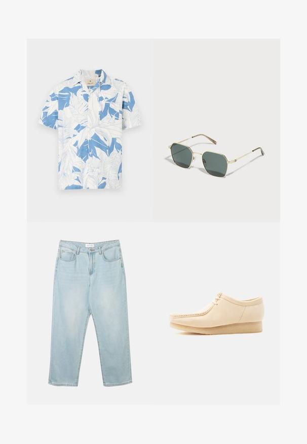 Korte mouw shirt met een wit en blauw tropisch bladpatroon, gemaakt van lichtgewicht stof. Heeft een klassieke kraag en een knoopsluiting aan de voorkant.; Lichtblauwe denim jeans met een relaxte fit, vijf zakken, een knoopsluiting en subtiele vervaging. De textuur is glad en licht versleten.; Beige suède veter schoen met crepe zool, moc toe stiksels en lage wig hak, weergegeven vanaf de buitenkant op een effen achtergrond.; Zonnebril met een gouden metalen frame, groene rechthoekige lenzen, slanke pootjes en een subtiel textuurpatroon op de armen.