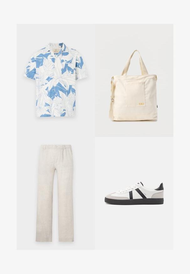 Camisa de manga corta con un estampado de hojas tropicales en blanco y azul, hecha de una tela ligera. Cuenta con un collar clásico y un diseño de botones en la parte frontal.; Pantalones de lino beige claro con un diseño de pierna recta, cinturilla elástica y cierre de botón. Textura mínima con sutiles detalles de costura.; Zapatilla blanca con acentos en negro y gris, que presenta una puntera texturizada en gris, suela de goma negra y cordones planos blancos. Diseño limpio, estilo minimalista.; Bolsa tote de lona color crema con bolsillo delantero, dos asas, correa de hombro ajustable y pequeño texto amarillo "O.N.S" en la parte inferior derecha del bolsillo.