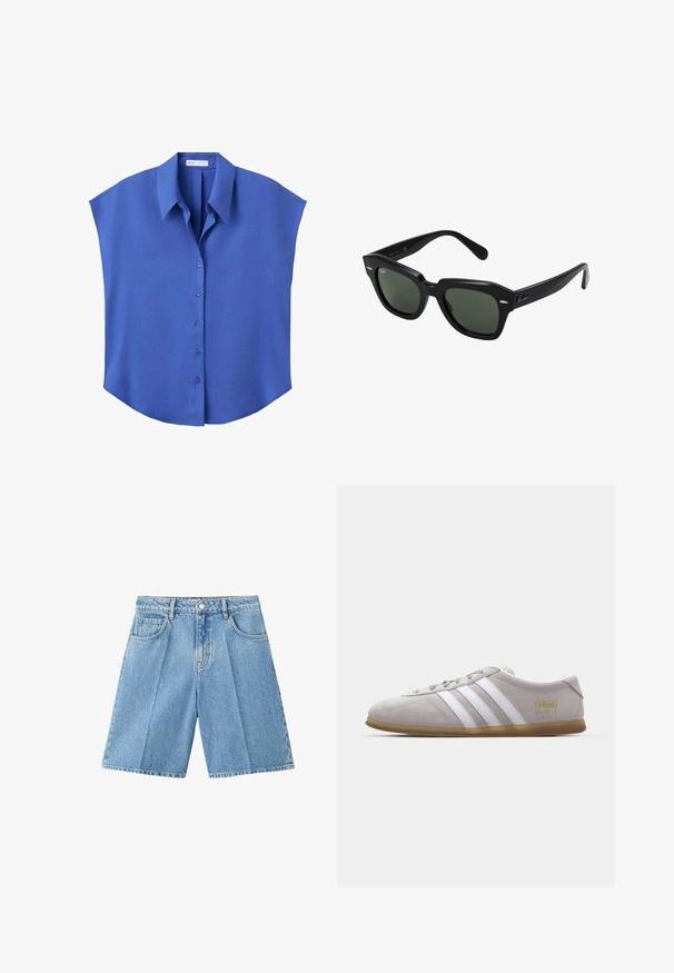 Blouse bleue sans manches avec boutons, col pointu et coupe ample et carrée.; Shorts en jean bleu clair avec poches avant, passants pour ceinture, fermeture par bouton et coupe jusqu'aux genoux, sur fond blanc.; Baskets en daim gris avec des rayures en cuir blanc et un logo doré. Semelle en gomme plate, bout rond et design classique à lacets.; Lunettes de soleil carrées noires avec des verres vert foncé, présentant des montures audacieuses et des accents argentés sur les côtés. Fabriquées en Italie.