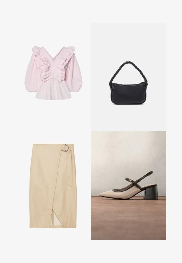 Pink bomuldsbluse med en dyb V-udskæring, rynkede detaljer langs kroppen og voluminøse puffede ærmer med knaplukning.; Zign Studio Tubenederdele - off-white; Beige høje hæle slingback-sko med spids tå, sort kant og spænde detalje. Glat materiale med mat finish, mellemstor blokhæl.; Sort håndtaske med en rund form, lavet af glat materiale. Har et flet håndtag og en lynlåslukning for sikker opbevaring.