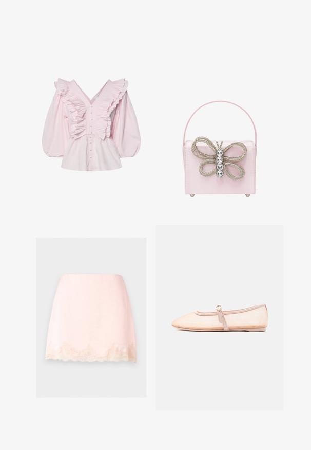 Pink bomuldsbluse med en dyb V-udskæring, rynkede detaljer langs kroppen og voluminøse puffede ærmer med knaplukning.; Lyserød mininederdel med bølget blondekant ved kanten, glat stof og rent, enkelt design mod en ensfarvet baggrund.; Lys beige flad sko med spidst tåparti og en enkelt rem med spænde på siden, vist på en ensfarvet hvid baggrund.; Lyserød satin håndtaske med en sommerfugleformet udsmykning, der har sølvmetallic accenter og rhinsten, samt et slankt håndtag.