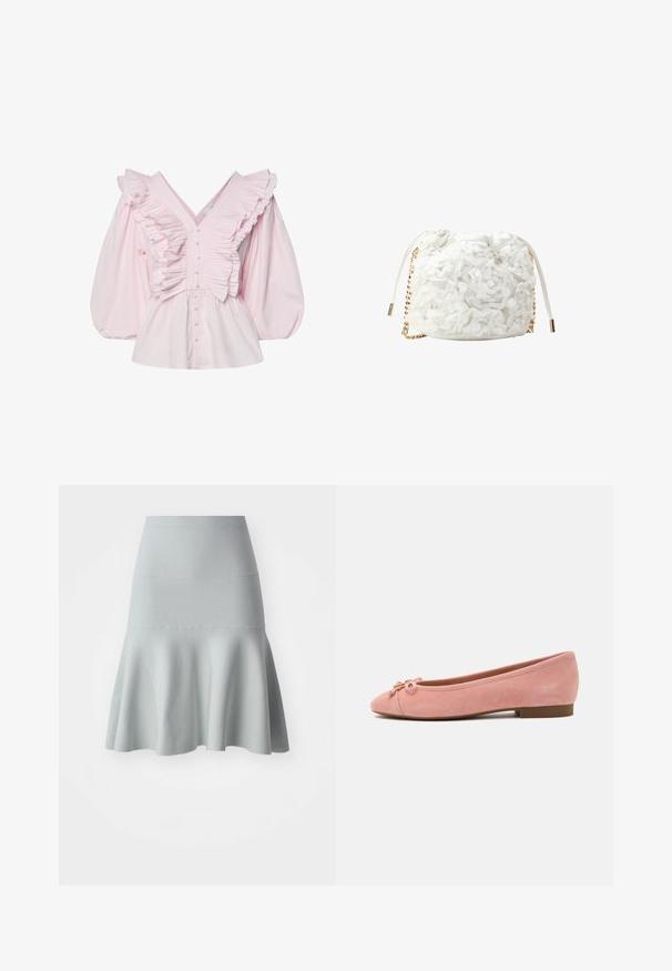 Pink bomuldsbluse med en dyb V-udskæring, rynkede detaljer langs kroppen og voluminøse puffede ærmer med knaplukning.; Lyseblå udvidet nederdel lavet af et tekstureret stof. Har en tætsiddende talje og en blød, bølget kant. Enkel design uden mønstre.; Blød lyserød ruskind balletflat med lille sløjfe og gyldent accent på afrundet tå, lav hæl og glat sål.; faina BUCKET - Skuldertasker - weiss