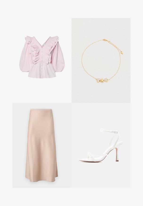Pink bomuldsbluse med en dyb V-udskæring, rynkede detaljer langs kroppen og voluminøse puffede ærmer med knaplukning.; Midi-nederdel i lys beige satin. Har en glat tekstur, subtil glans og en A-formet silhuet med en blød taljebånd.; Hvid høje hæle sandal med tynde ankel- og tå-remme pyntet med små perledetaljer og spænde lukning.; Armbånd i guldfarve med tre hjerter: et centralt poleret hjerte flankeret af to prikkede hjerter, med en fin kæde og justerbar lukning.