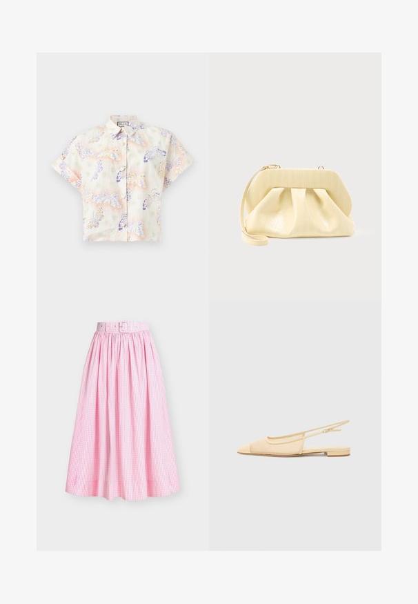 Chemise à manches courtes avec col et boutons, base blanche, imprimé de papillons pastel en violet, jaune et vert.; Jupe midi en vichy rose et blanc avec plis et ceinture assortie en tissu avec boucle à la taille.; Chaussure plate slingback en beige clair avec une tige en maille, un bout pointu et un petit talon. Dotée d'une sangle ajustable pour un bon maintien.; Pochette en cuir couleur crème avec un cadre supérieur structuré et une lanière pour poignet, présentée sur un fond clair uni.