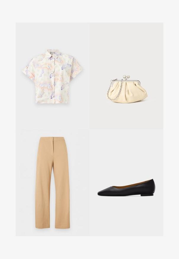 Chemise à manches courtes avec col et boutons, base blanche, imprimé de papillons pastel en violet, jaune et vert.; Pantalon beige taille haute à jambes larges avec un détail simple de couture frontale et une fermeture dissimulée, présenté sur fond blanc.; Chaussure plate en cuir noir à bout pointu avec talon bas et finition lisse, vue de côté sur un fond gris clair.; Pochette en cuir beige plissé avec un cadre en métal argenté, dotée de deux fermoirs ronds décoratifs et d'une chaîne en argent.