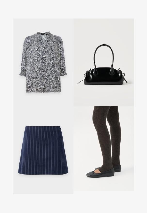 Marineblå bluse med leopardprint mønster, knaplukning og 3/4 ærmer med flæser. Lavet af letvægtsstof.; Marineblå nederdel med tynde hvide lodrette striber og en lige, over-knæ længde, præsenteret på en ensfarvet hvid baggrund.; Ben iført mørke ribbede leggings kombineret med sorte balletsko med små sløjfedetaljer på hvid baggrund.; Lille sort blank håndtaske med to lange håndtag og snøre-detaljer i siden på en ensfarvet lys baggrund.