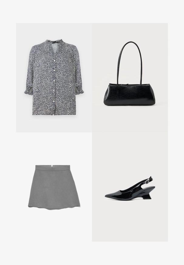 Dunkelblaue Bluse mit Leopardenmuster, Knopfverschluss und 3/4-Ärmeln mit Rüschensaum. Aus leichtem Stoff gefertigt.; Grauer Rock aus weichem Stoff, mit hoher Taille, ausgestellter Form und einem verdeckten Reißverschluss hinten.; Schwarzer Slingback-Schuh aus Lackleder mit spitzer Spitze und niedrigem, schrägem Blockabsatz auf einfachem hellem Hintergrund.; Schwarze rechteckige Schultertasche mit langen dünnen Trägern und einer glatten, glänzenden Textur auf einfarbigem Hintergrund.